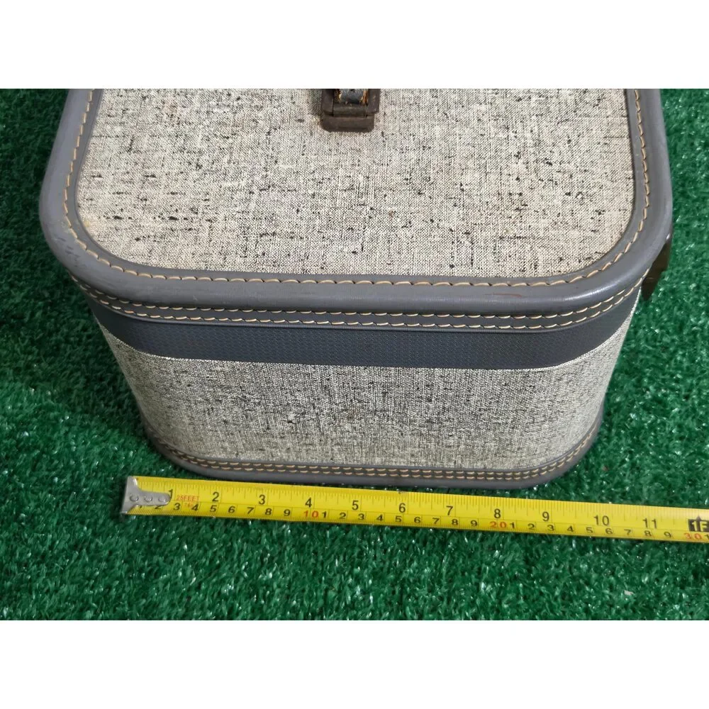 Vintage Tweed Vanity Case Train Luggage Makeup Train Case Purple Interior